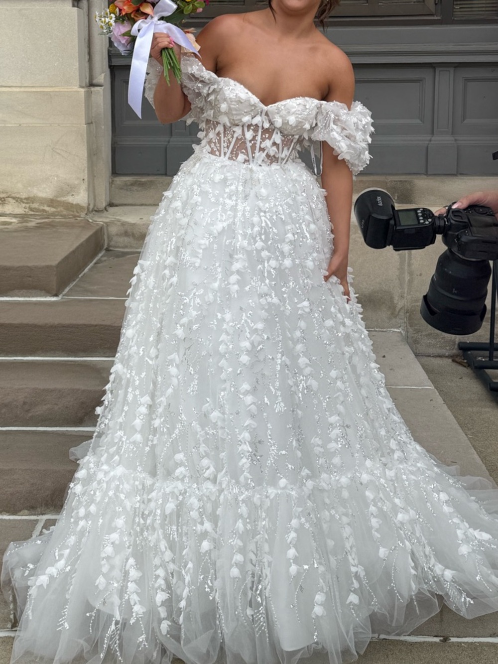 Sherri Hill White Off-Shoulder Floral Appliqué Ball Gown